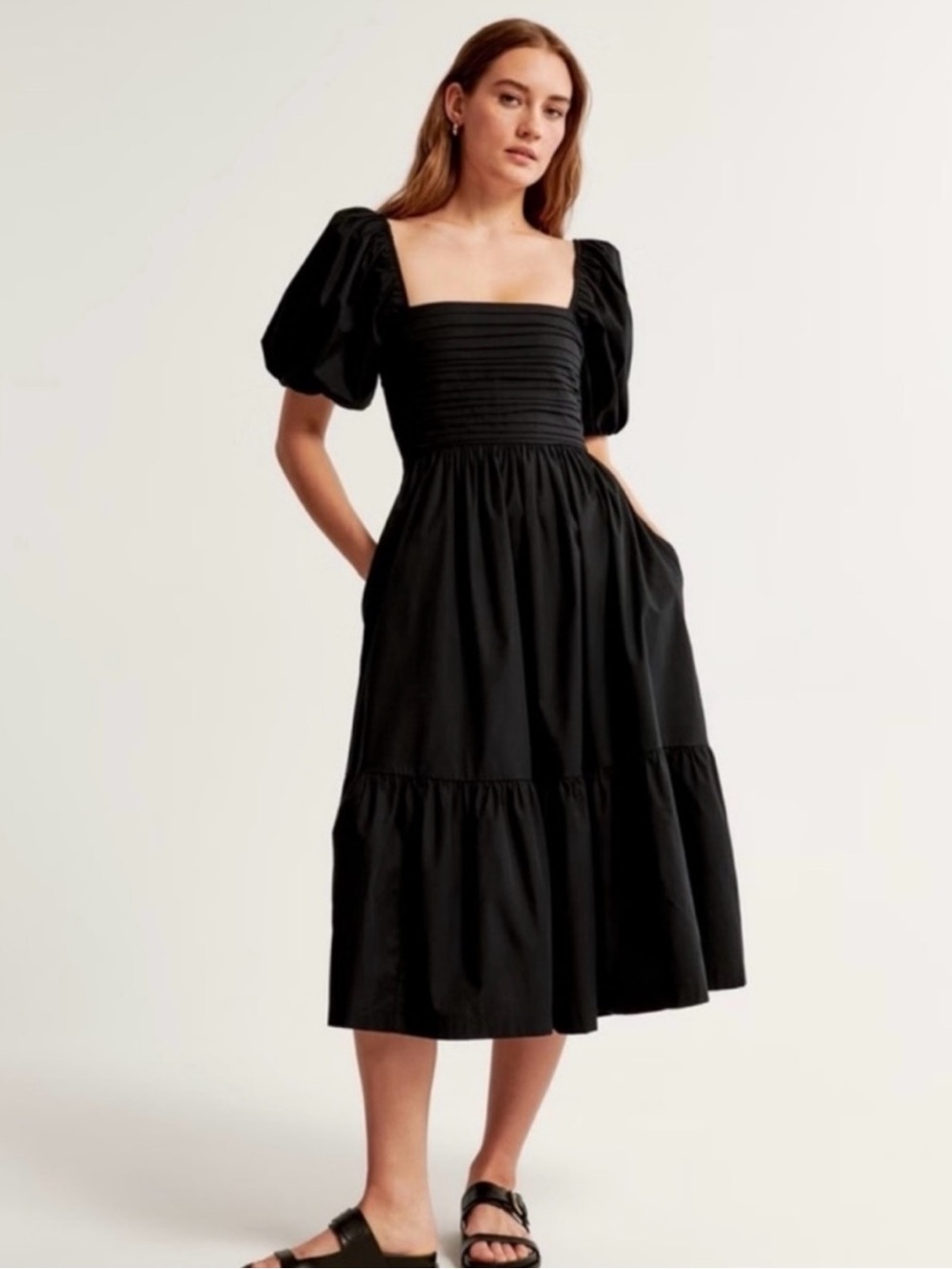 Abercrombie & Fitch Black Puff Sleeve Square Neck Midi Dress